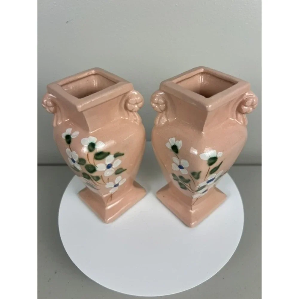 Vintage RRP Co Roseville Ohio Pink Dogwood Floral Miniature Urn Vases Set of 2